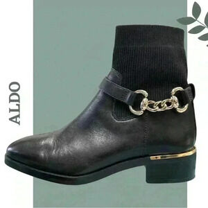 Aldo Franina Black Leather Chelsea Boot Gold Chain Accent Size 6.5
